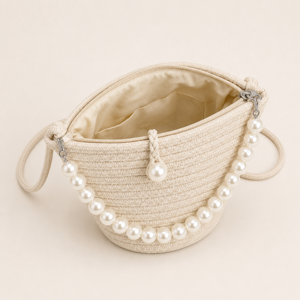 Sac à Épaule Écru avec Détails Perlés
