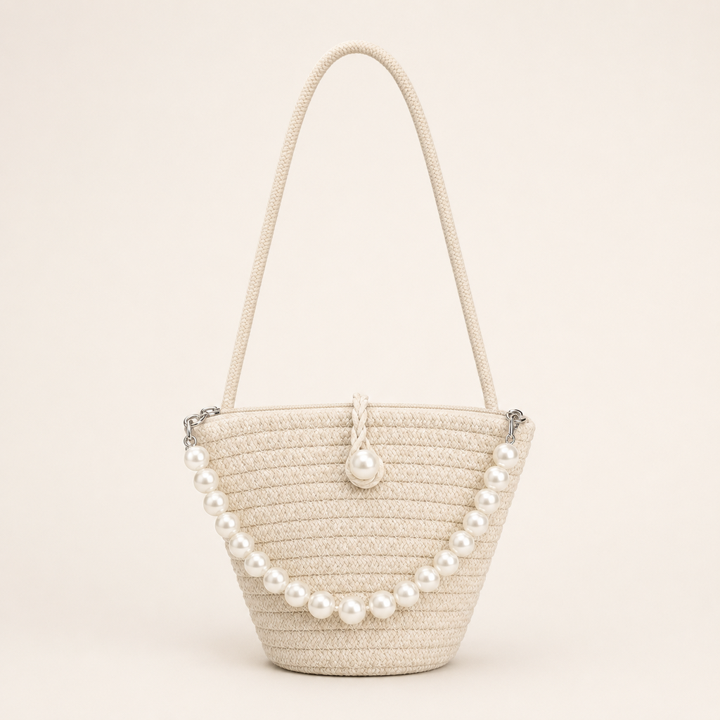 Sac à Épaule Écru avec Détails Perlés