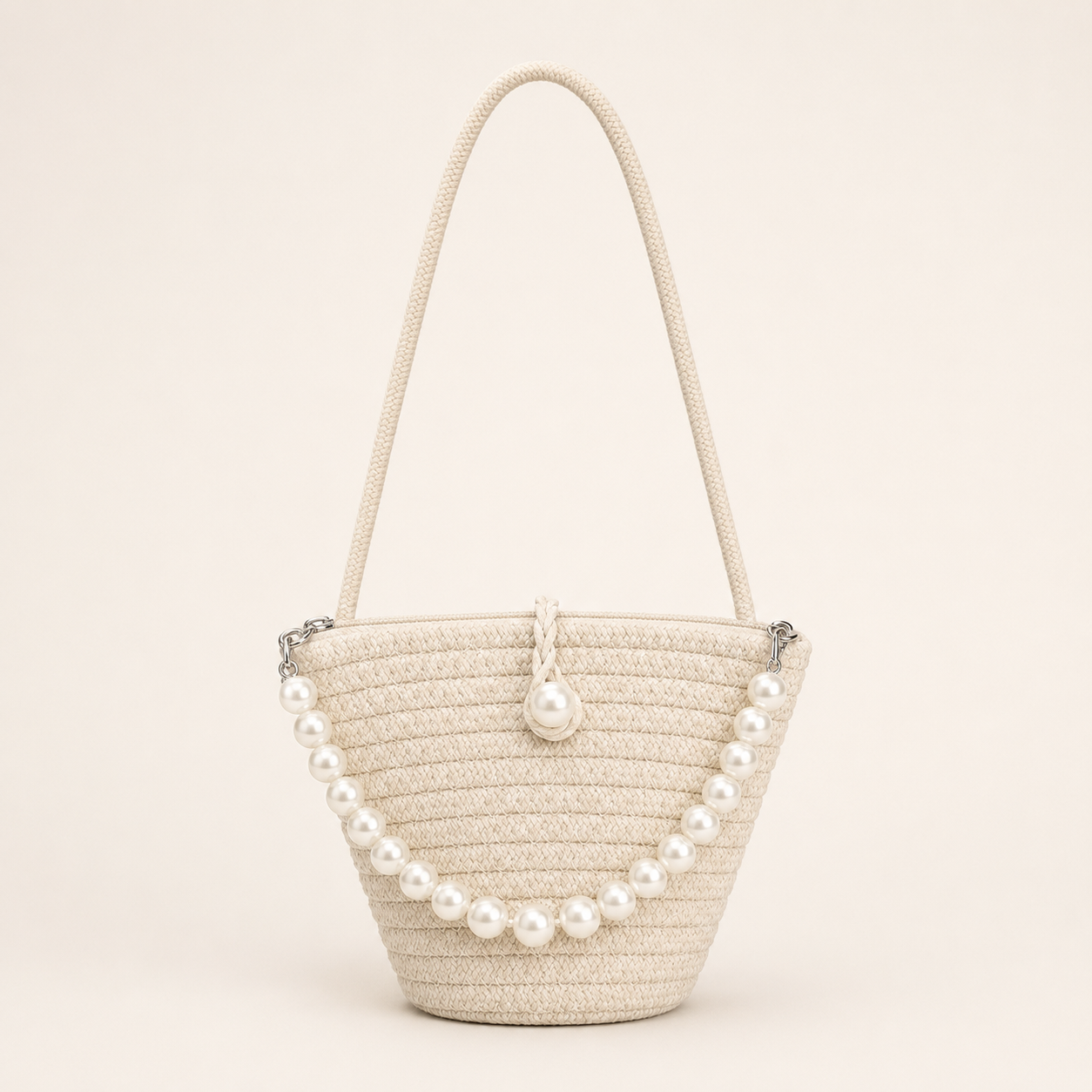 Sac à Épaule Écru avec Détails Perlés