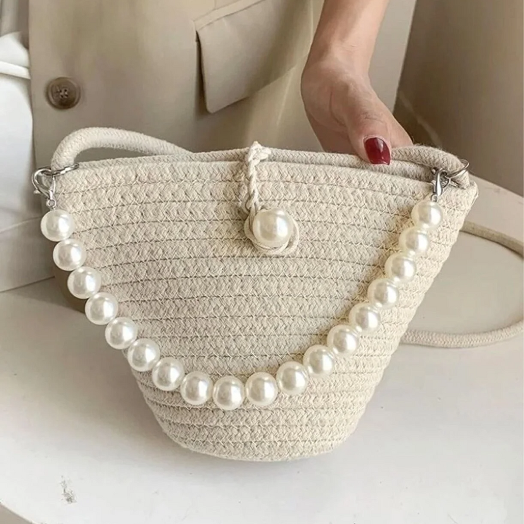Sac à Épaule Écru avec Détails Perlés