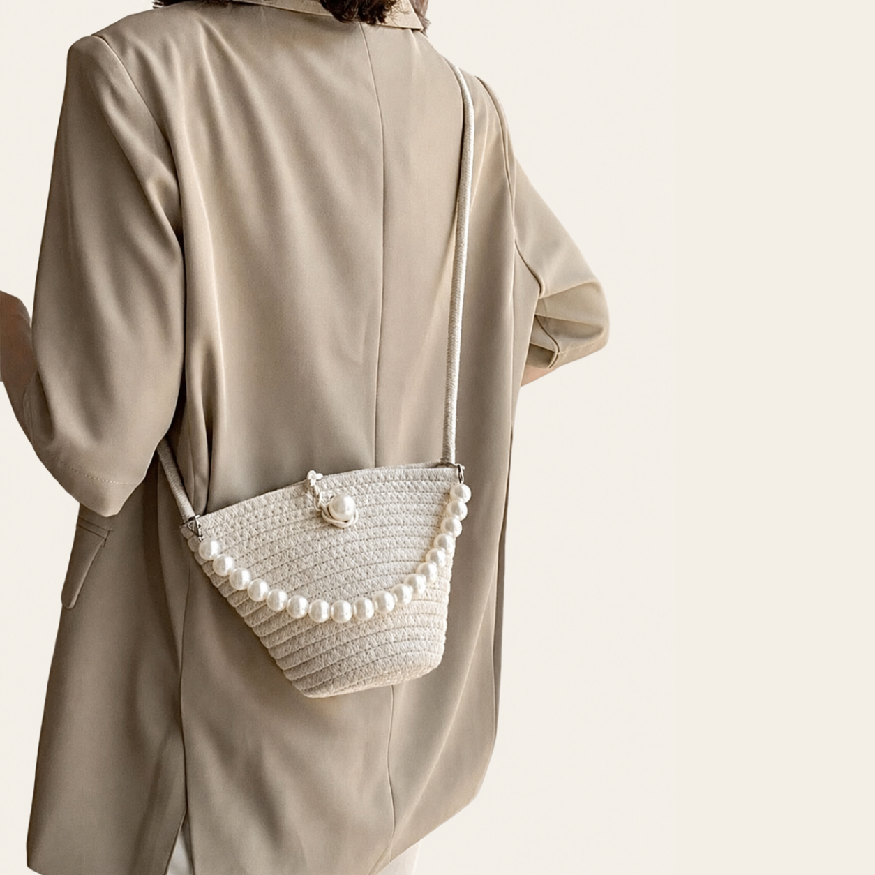Sac à Épaule Écru avec Détails Perlés