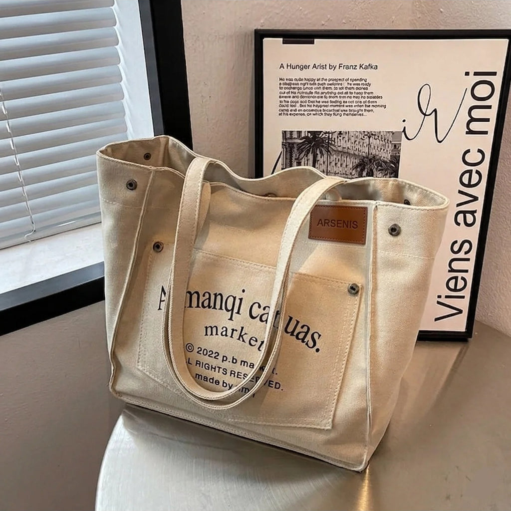 Grand Sac à Épaule en Toile avec Poches