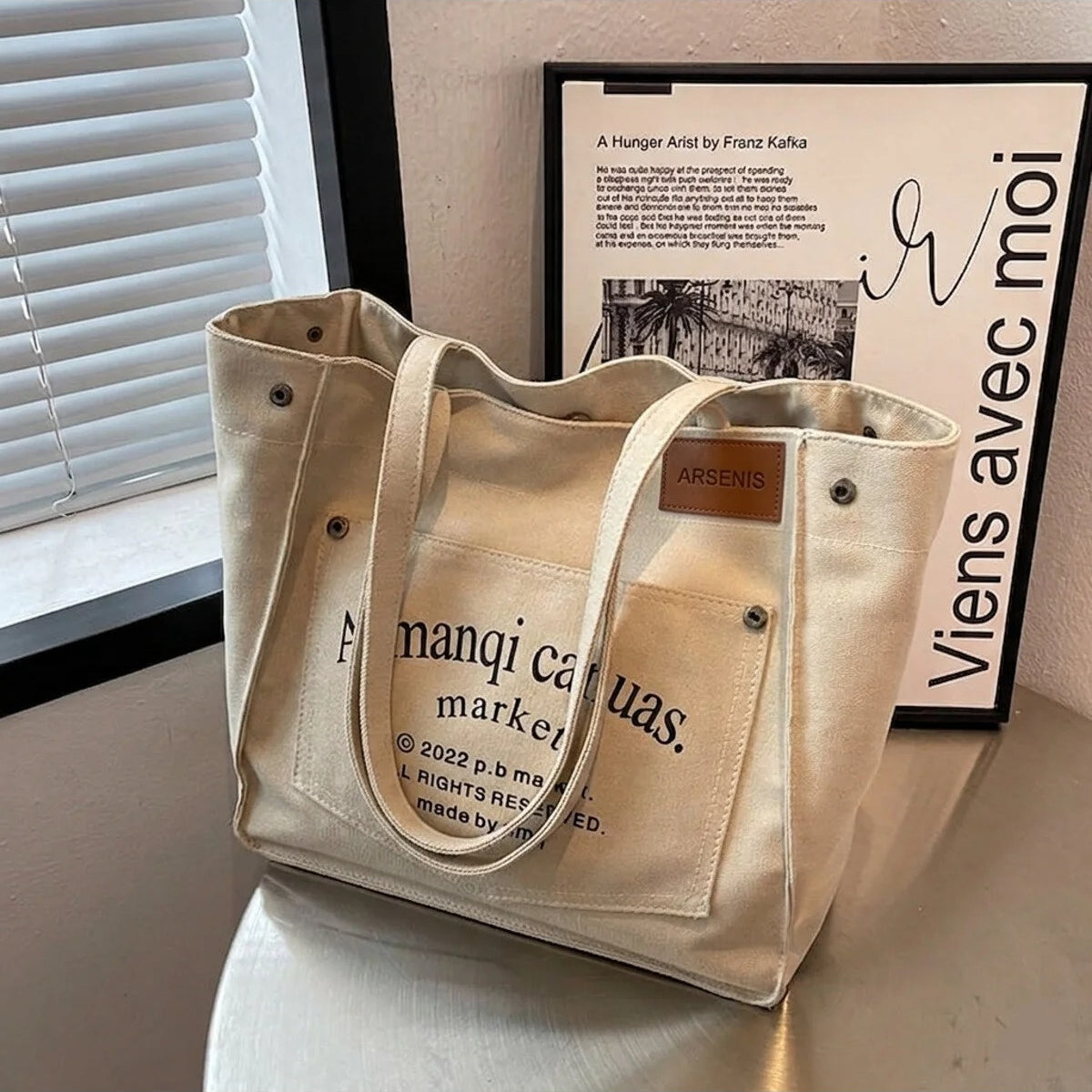 Grand Sac à Épaule en Toile avec Poches