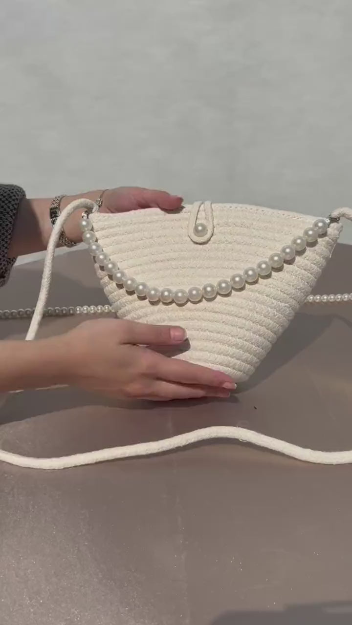 Sac à Épaule Écru avec Détails Perlés